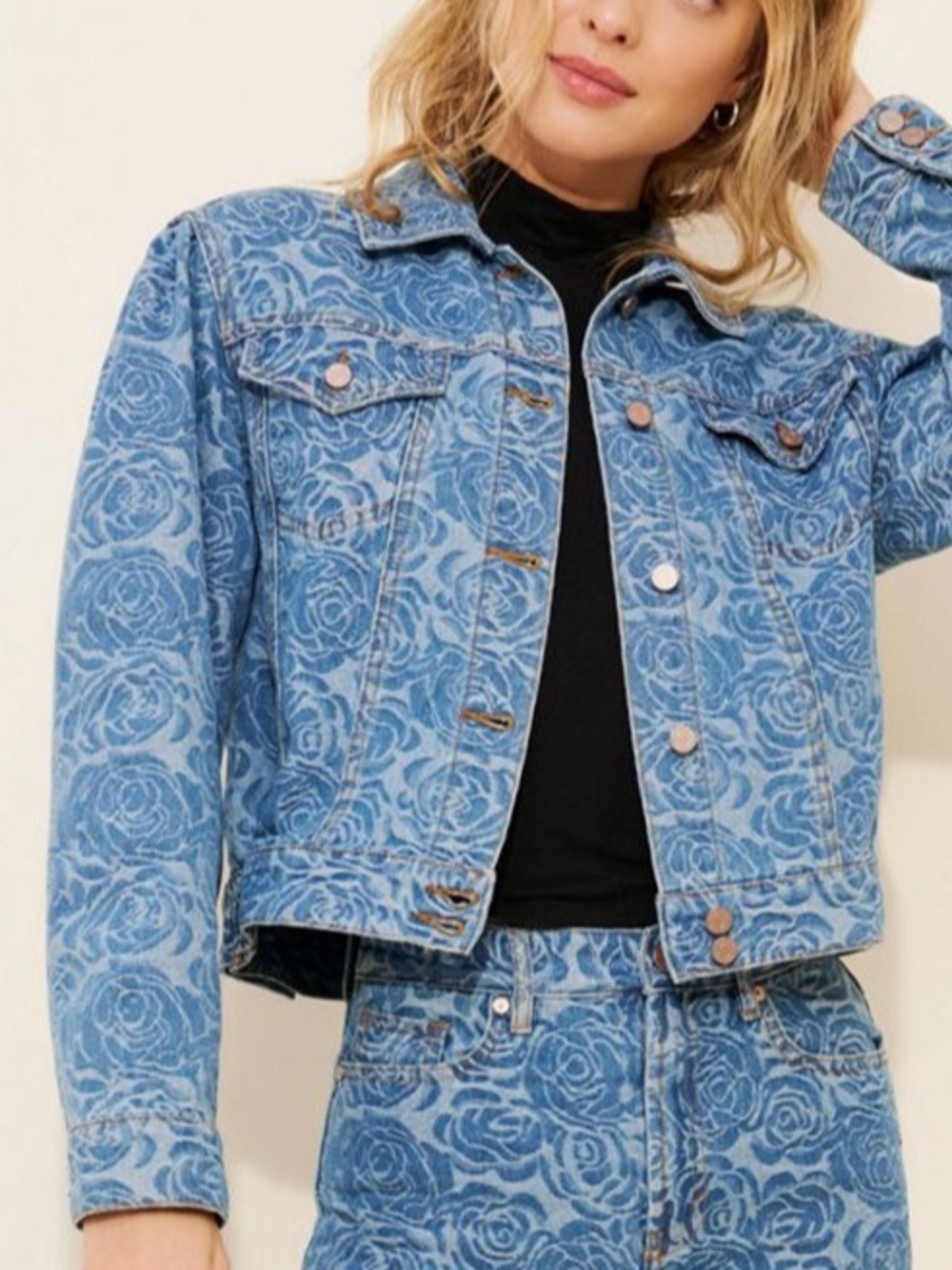 XS/S Habitual Jacquard Rose Crop Denim Trucker Jacket Jean Anthropologie Blue